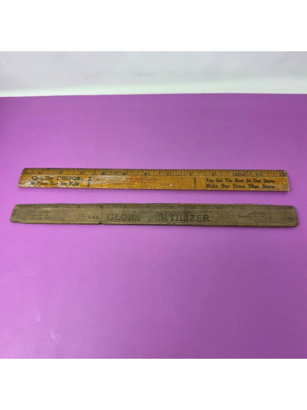 Vintage Wooden Advertising Rulers Globe Fertilizer & Quality Drugs‎ Collectibles
